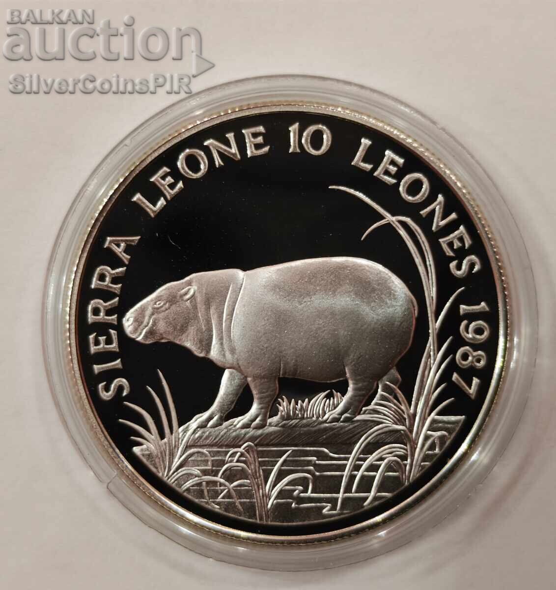 Сребро 10 Леони Хипопотам 1987 Сиера Л. Застрашени Животни Сребро 10 Леони Хипопотам 1987 Сиера Л. Застрашени Животни
