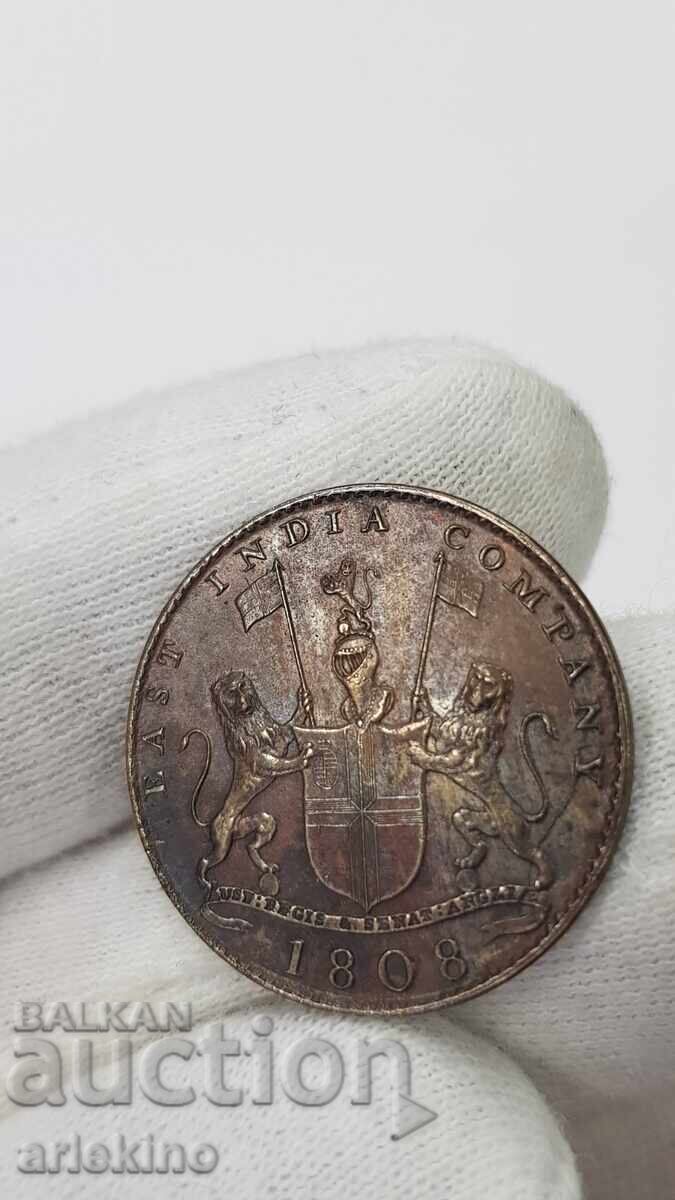Auction  Rare Copper Coin 10 CASH 1808 East India, England