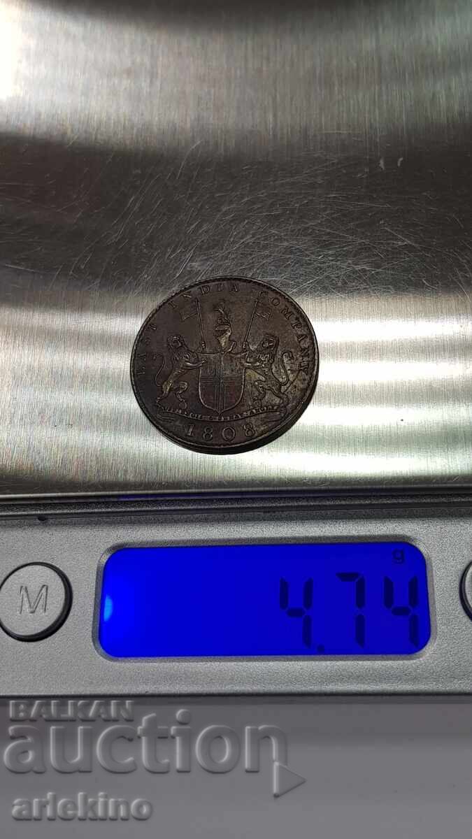 Rare Copper Coin 10 CASH 1808 East India, England - 7