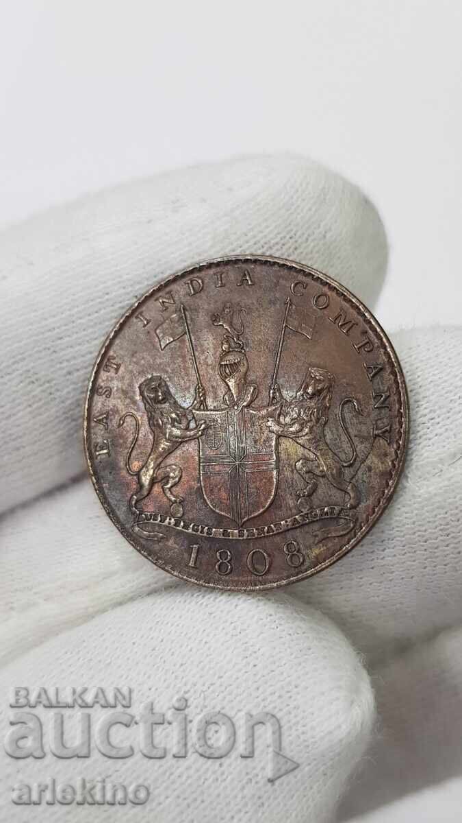 Rare Copper Coin 10 CASH 1808 East India, England