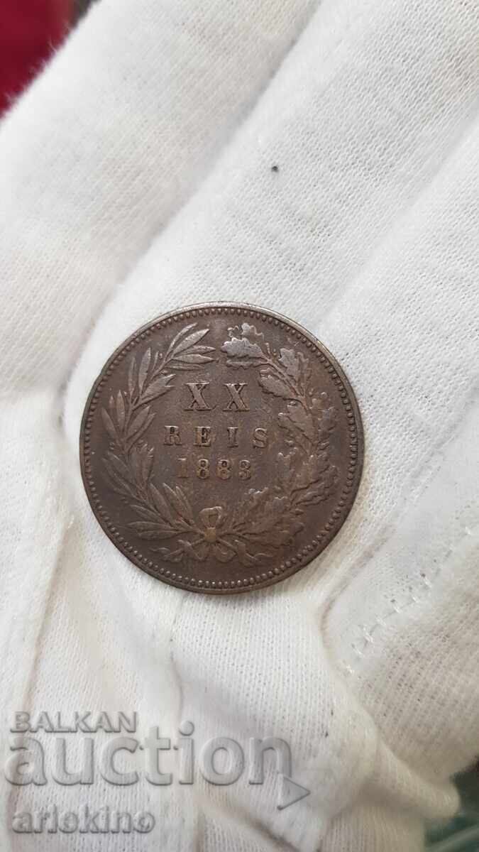 Рядка медна монета 20 REIS 1883  Португалия
