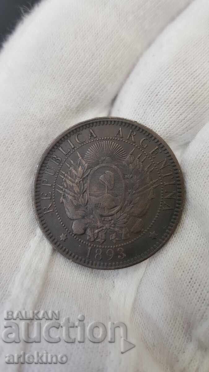 Rare Copper Coin 2 CENTAVOS 1893 Argentina