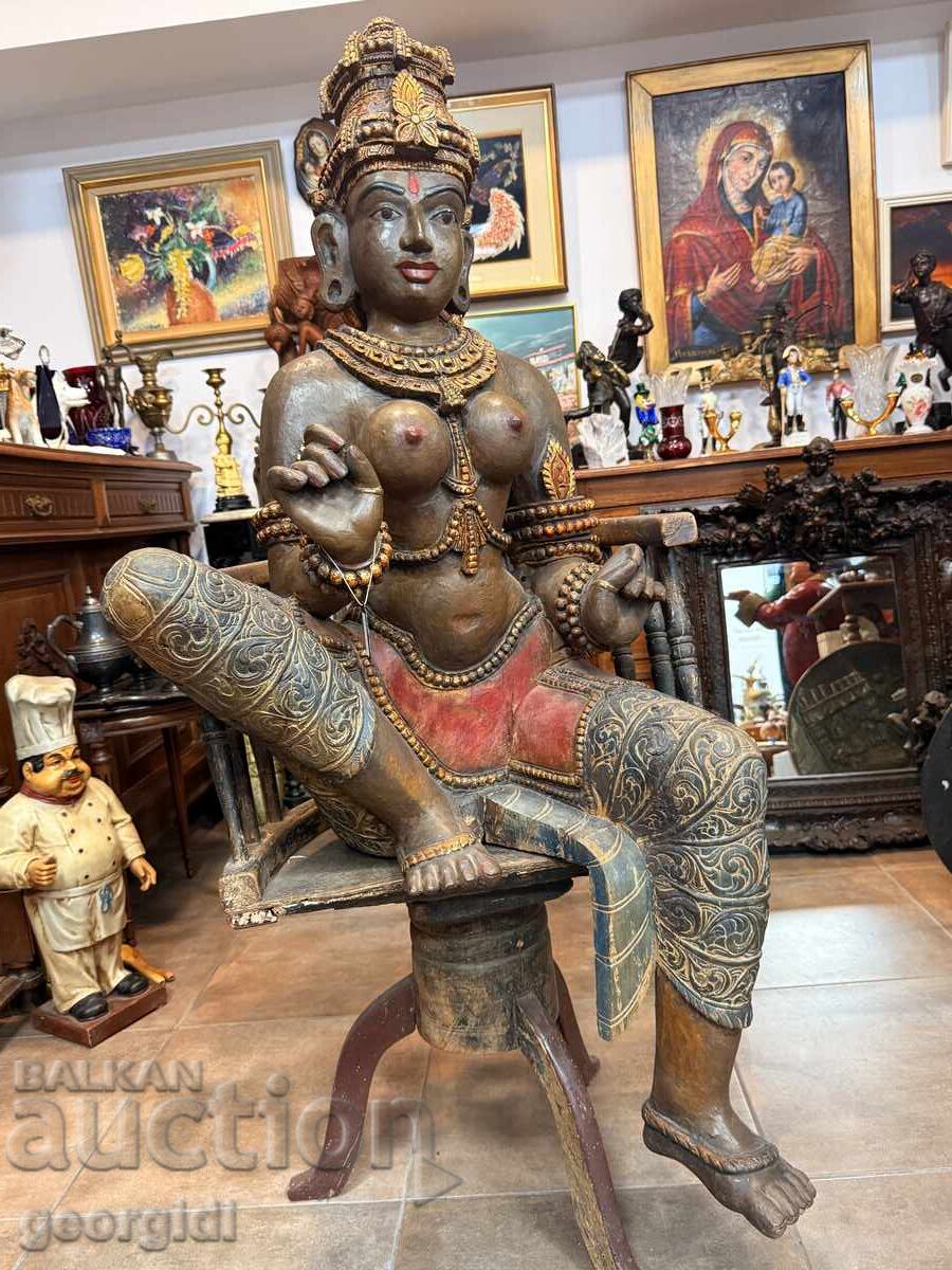 Licitație Sculptură mare din lemn / Sculptură în lemn a zeiței Parvati