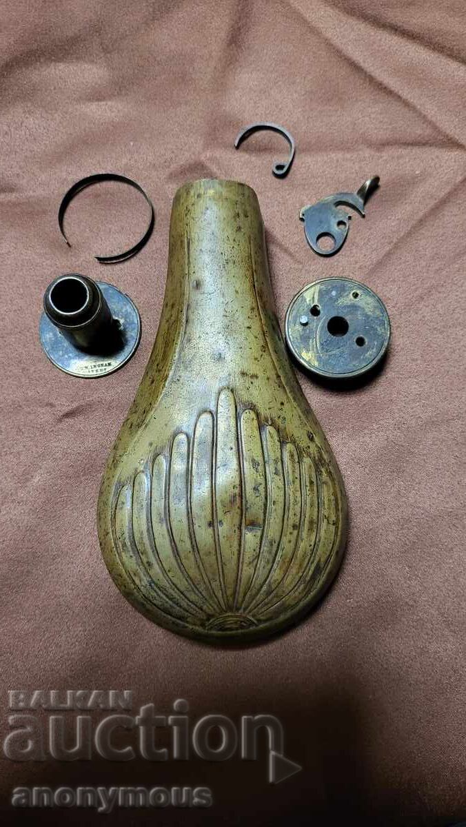 Brass old powder flask, powder horn