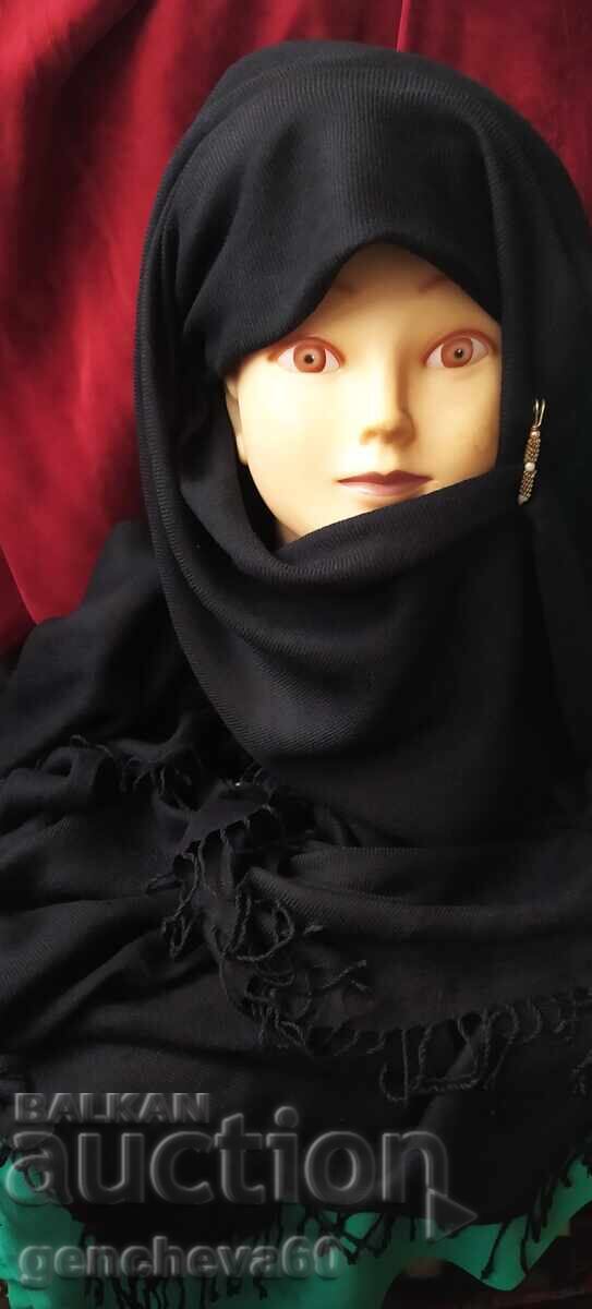 Τεράστιο κασκόλ από κασμίρι 147 εκ. μαύρο με κρόσσια για κεφαλή - παραδοσιακή φορεσιά