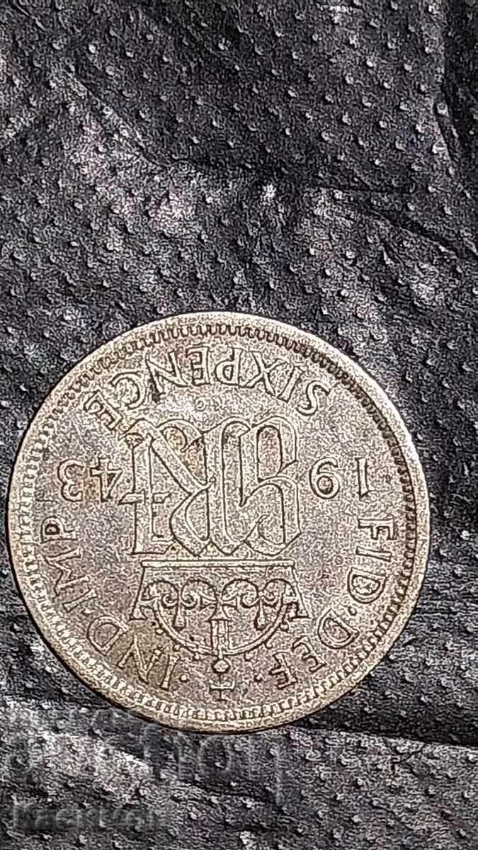 Стара Сребърна монета 6 Пенса 1942 Великобритания. година. с цена € 1.00 | 1.96 лв.