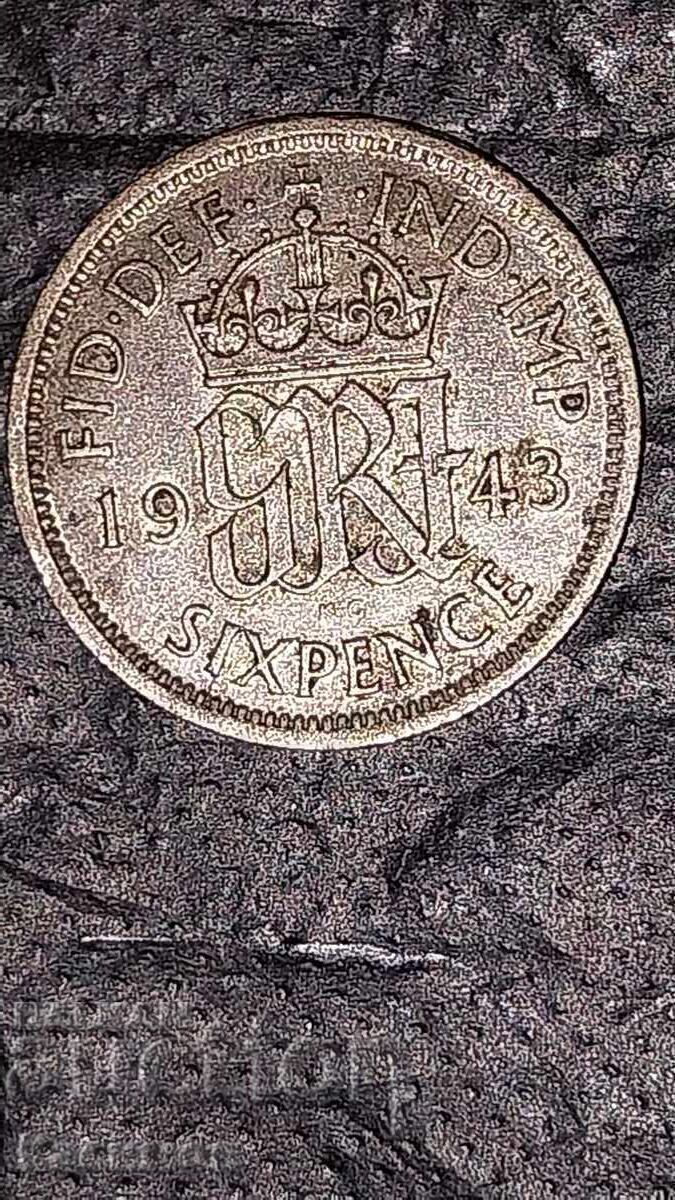Delivery of Old Silver Coin 6 Pence 1942 Great Britain. year
