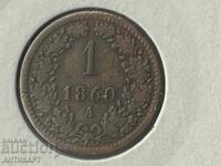 Monedă rară de cupru Austria 1 Kreuzer 1860