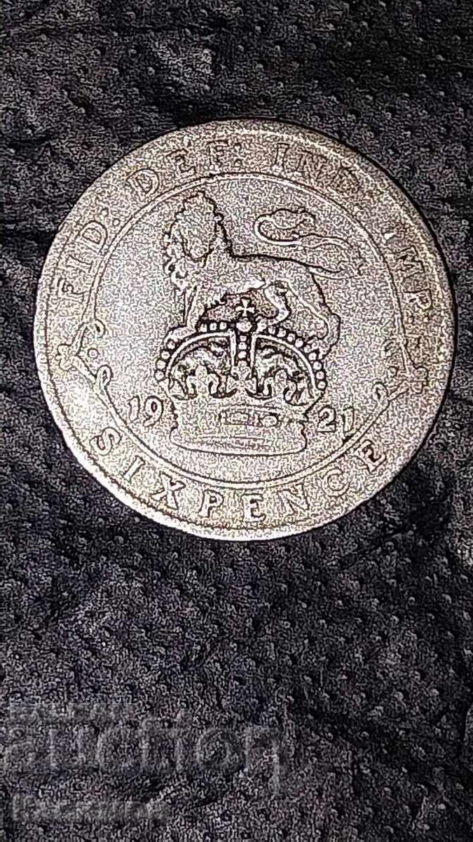 Сребърна монета от Великобритания 6 Пенка 1921 година