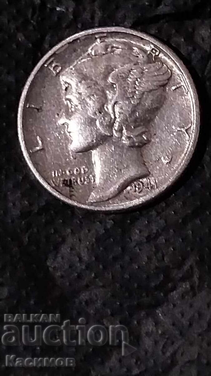 Сребърна рядка монета от САЩ 10 Цента 1941 година.