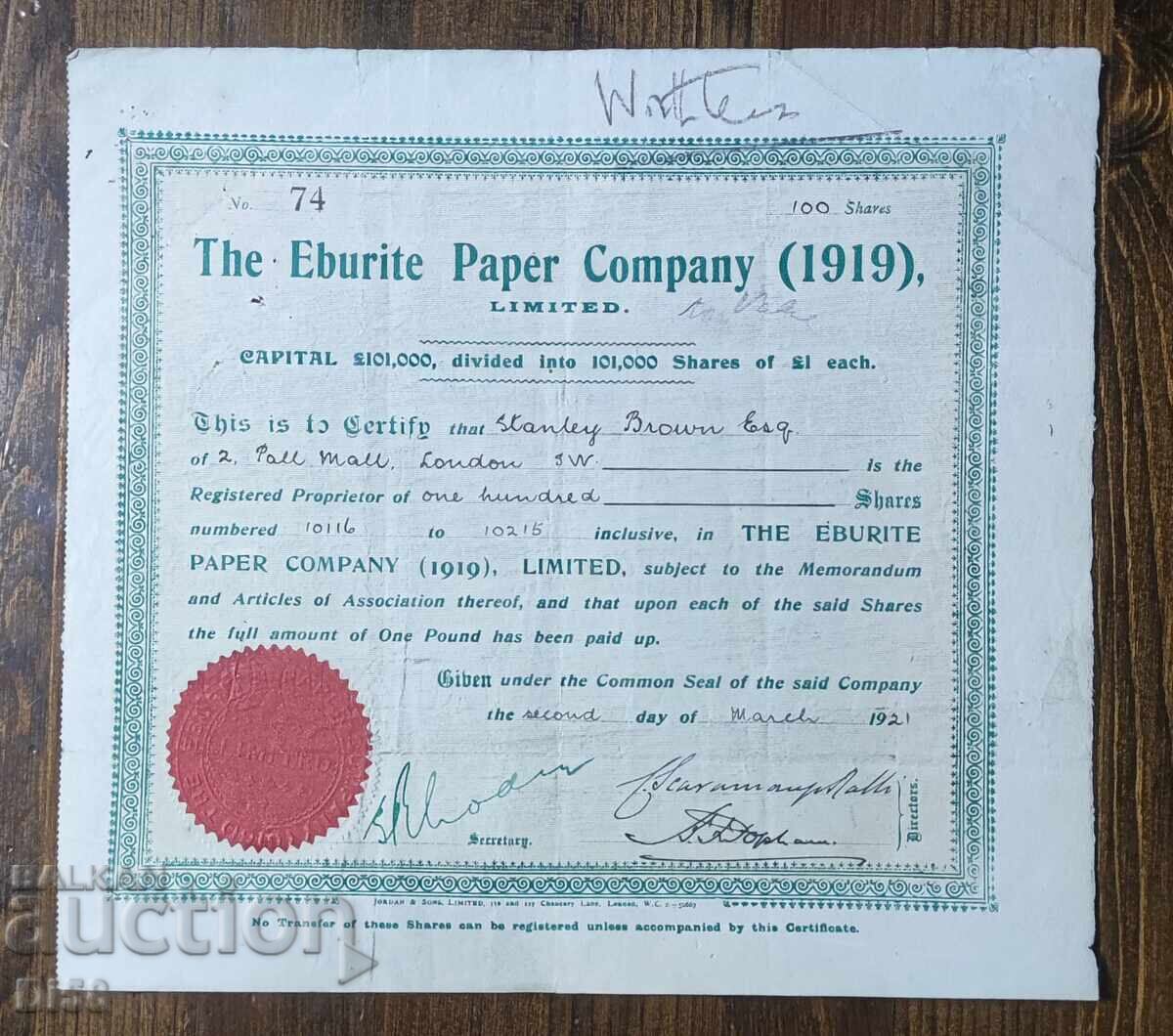 Акция Великобритания Компания За Хартия 1919 г.