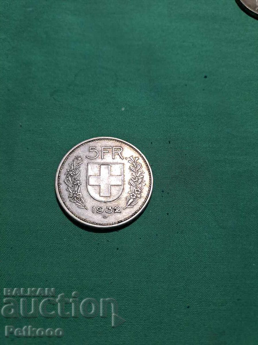Monedă de argint elvețiană de 5 franci din 1932 Monedă de argint elvețiană de 5 franci din 1932