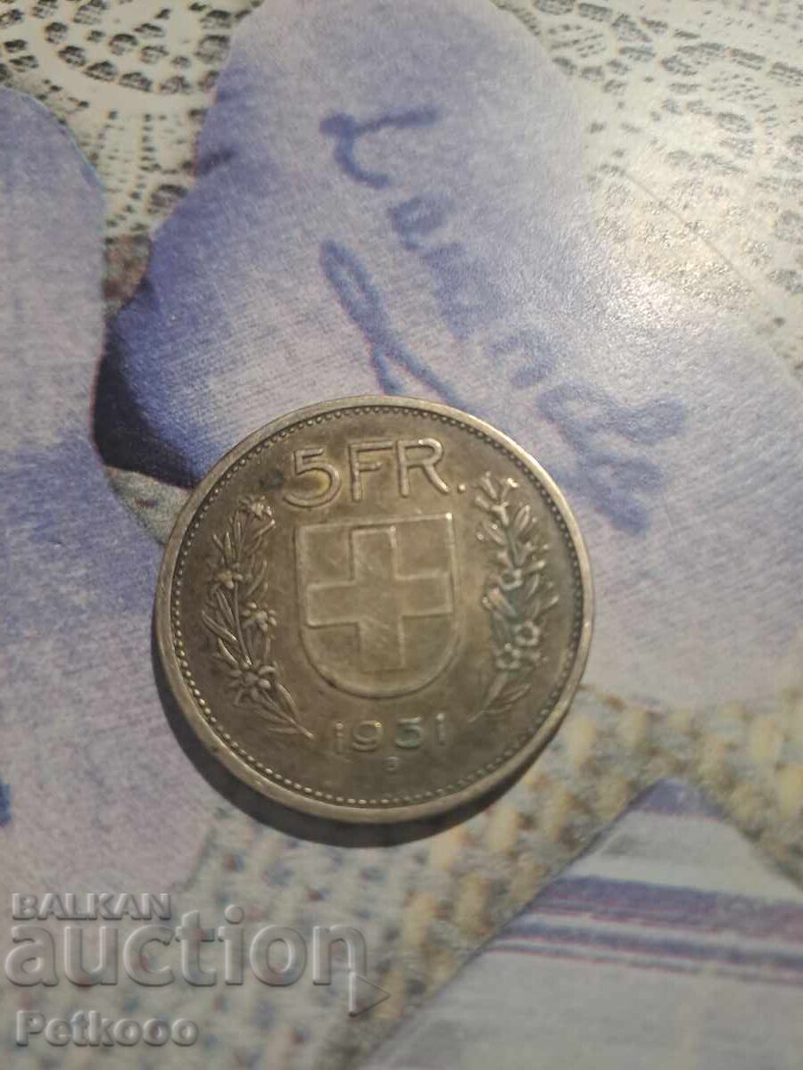 Monedă de argint elvețiană de 5 franci din 1932 Monedă de argint elvețiană de 5 franci din 1932