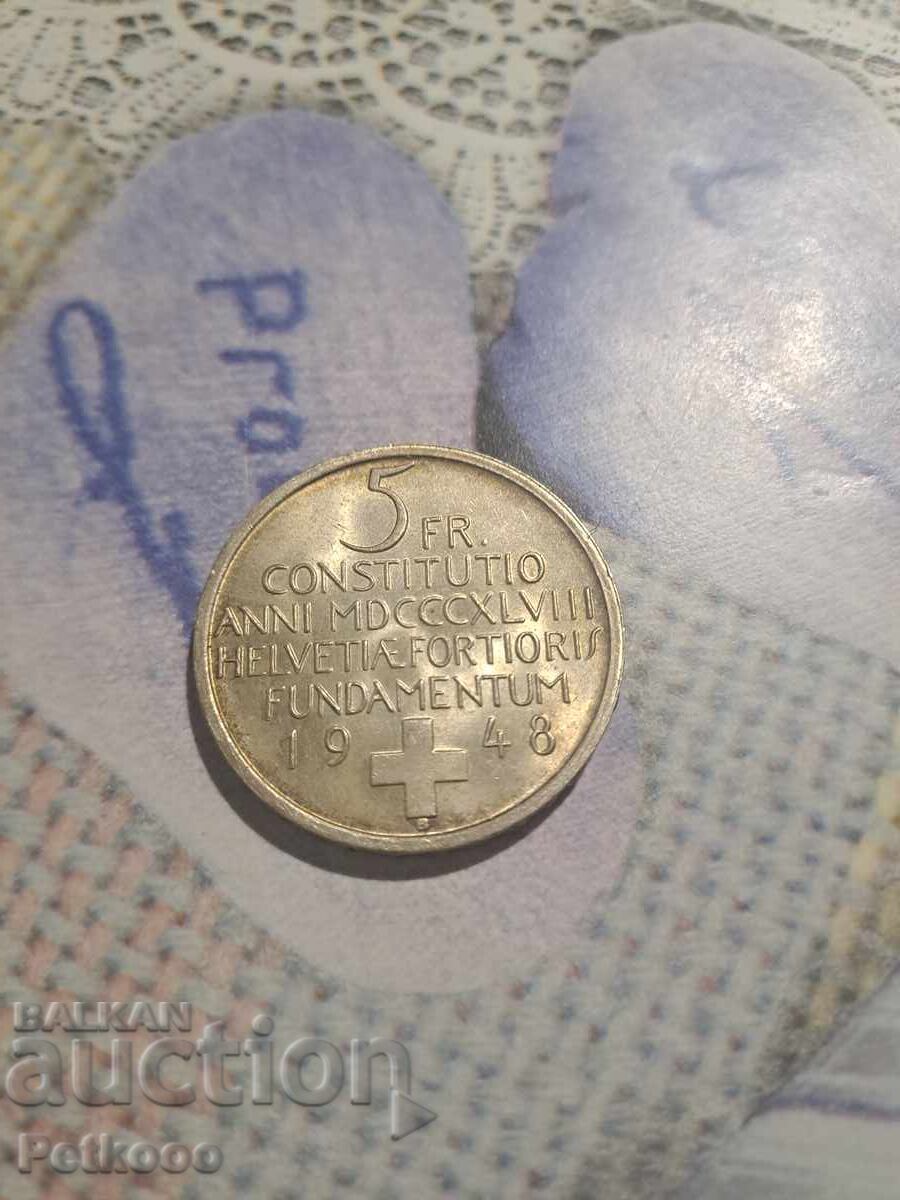 Monedă de argint de 5 franci elvețieni din 1948