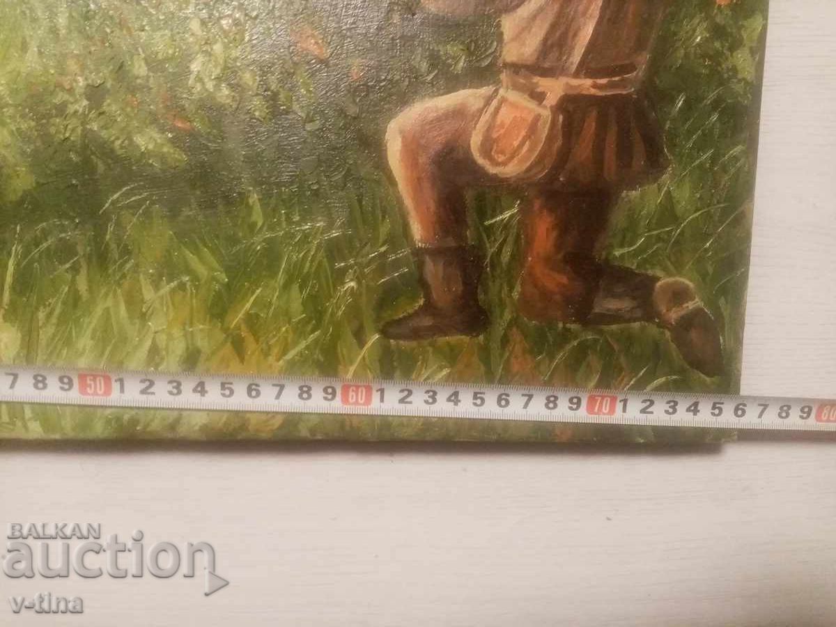 Δημοπρασία Παλαιός πίνακας ζωγραφισμένος με λάδι, υπογεγραμμένος, κυνηγός ελαφιού, ελαφιού