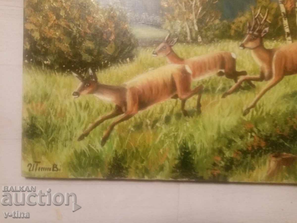 Παλαιός πίνακας ζωγραφισμένος με λάδι, υπογεγραμμένος, κυνηγός ελαφιού, ελαφιού - 5