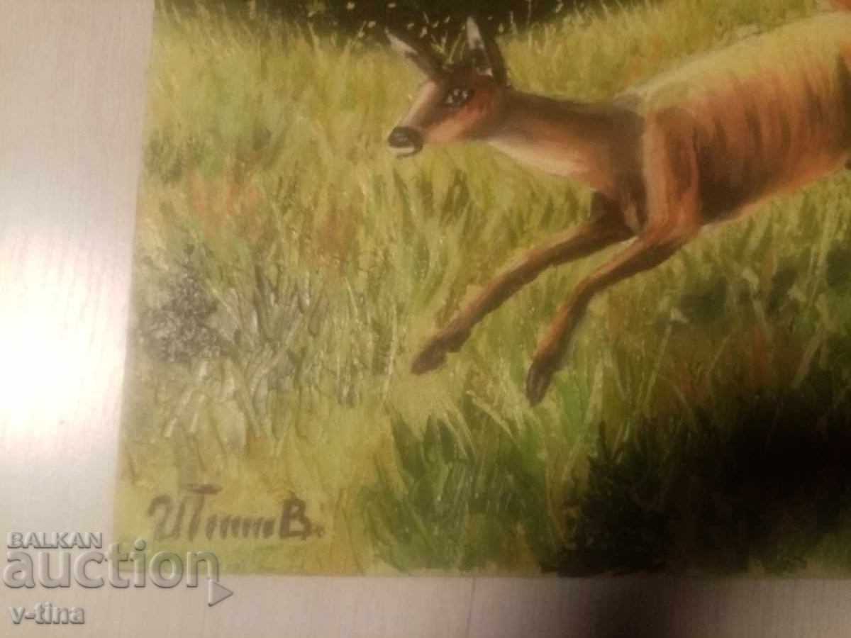 Παλαιός πίνακας ζωγραφισμένος με λάδι, υπογεγραμμένος, κυνηγός ελαφιού, ελαφιού - 6