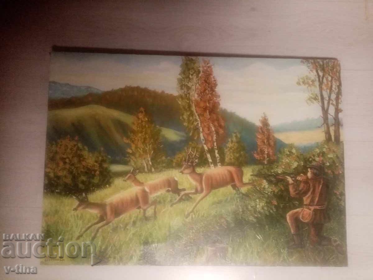 Παλαιός πίνακας ζωγραφισμένος με λάδι, υπογεγραμμένος, κυνηγός ελαφιού, ελαφιού