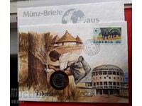 Liberia - 5 cenți 1977 și timbru într-un plic frumos