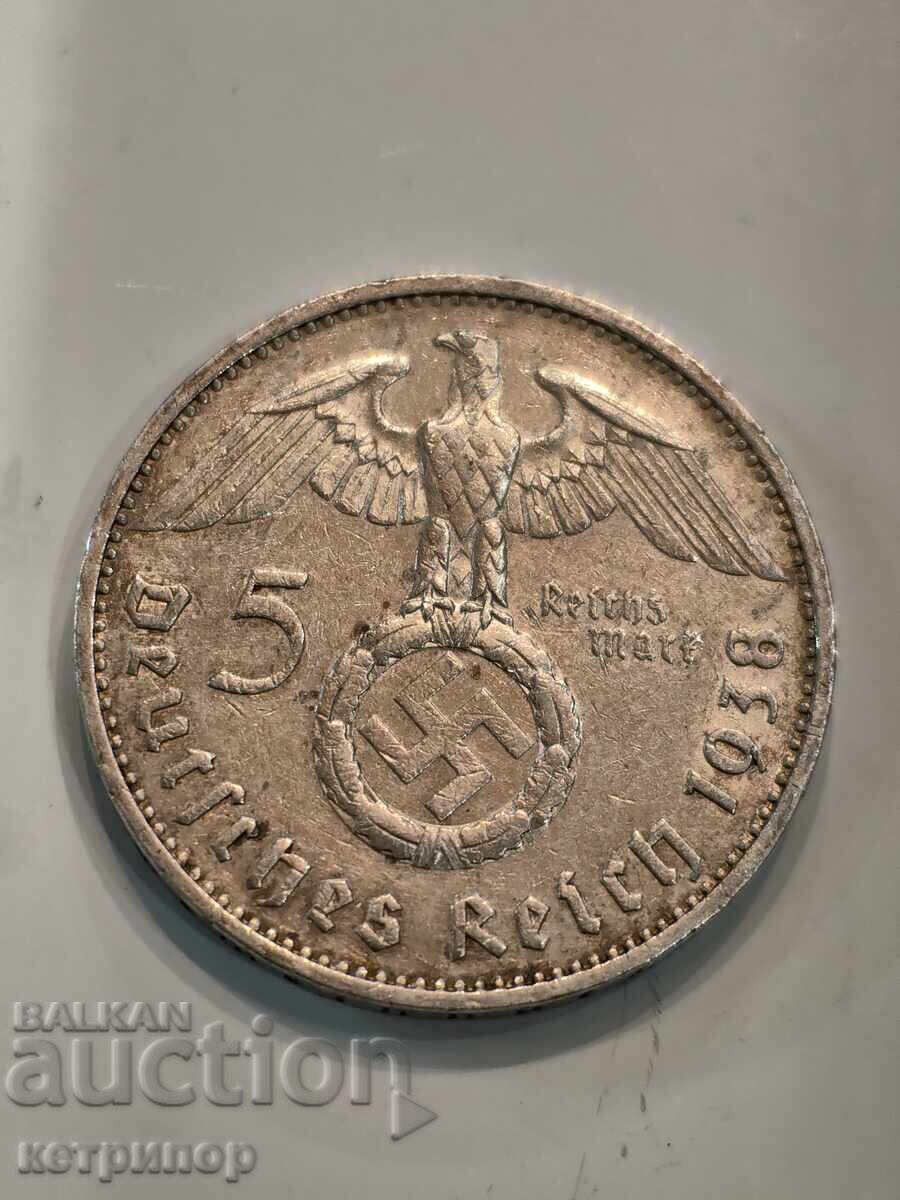 5 марки Германия 1938 г Е сребърна. 5 марки Германия 1938 г Е сребърна.