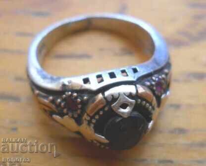 Παράδοση Ασημένιο δαχτυλίδι αντίκα με μπλε πέτρα (επιχρύσωση και νιέλο)