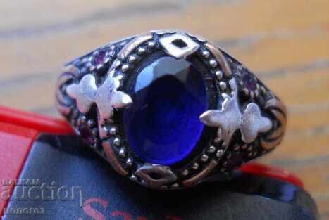 Ασημένιο δαχτυλίδι αντίκα με μπλε πέτρα (επιχρύσωση και νιέλο) - 5