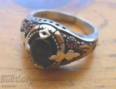 Ασημένιο δαχτυλίδι αντίκα με μπλε πέτρα (επιχρύσωση και νιέλο)