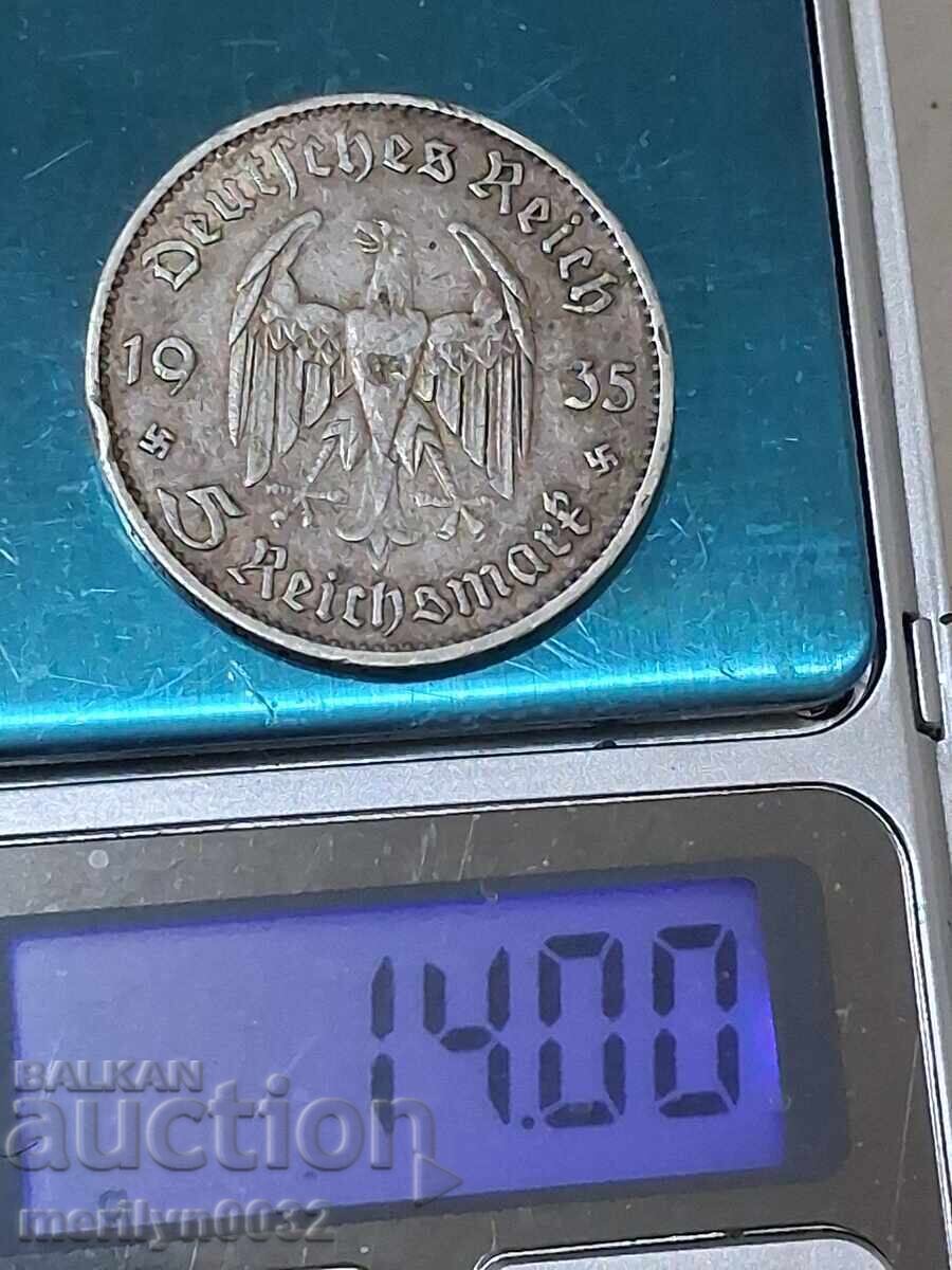 Monedă 5 mărci 1935 Germania Reichul al III-lea argint - 5