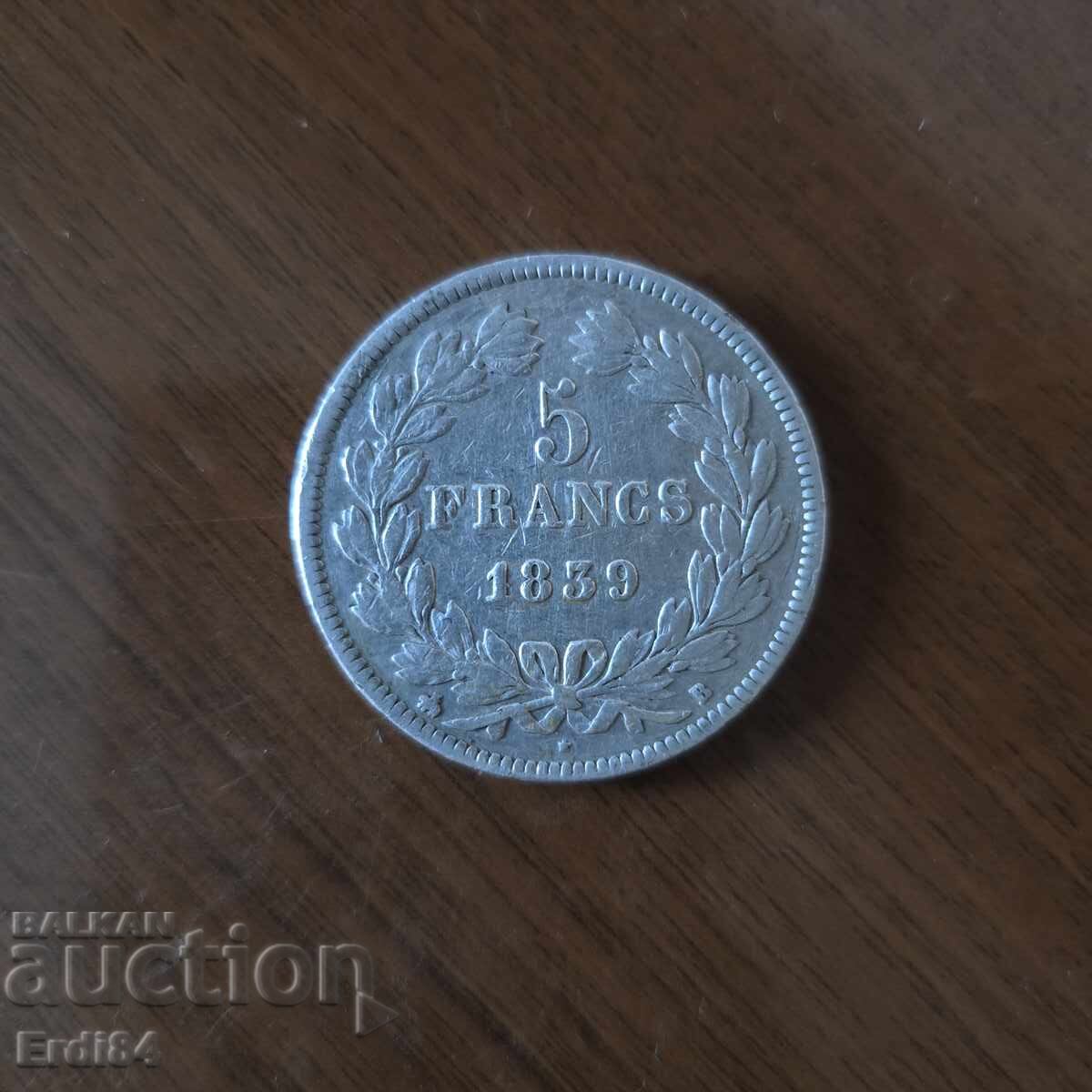 5 Franci 1839 Argint Franța