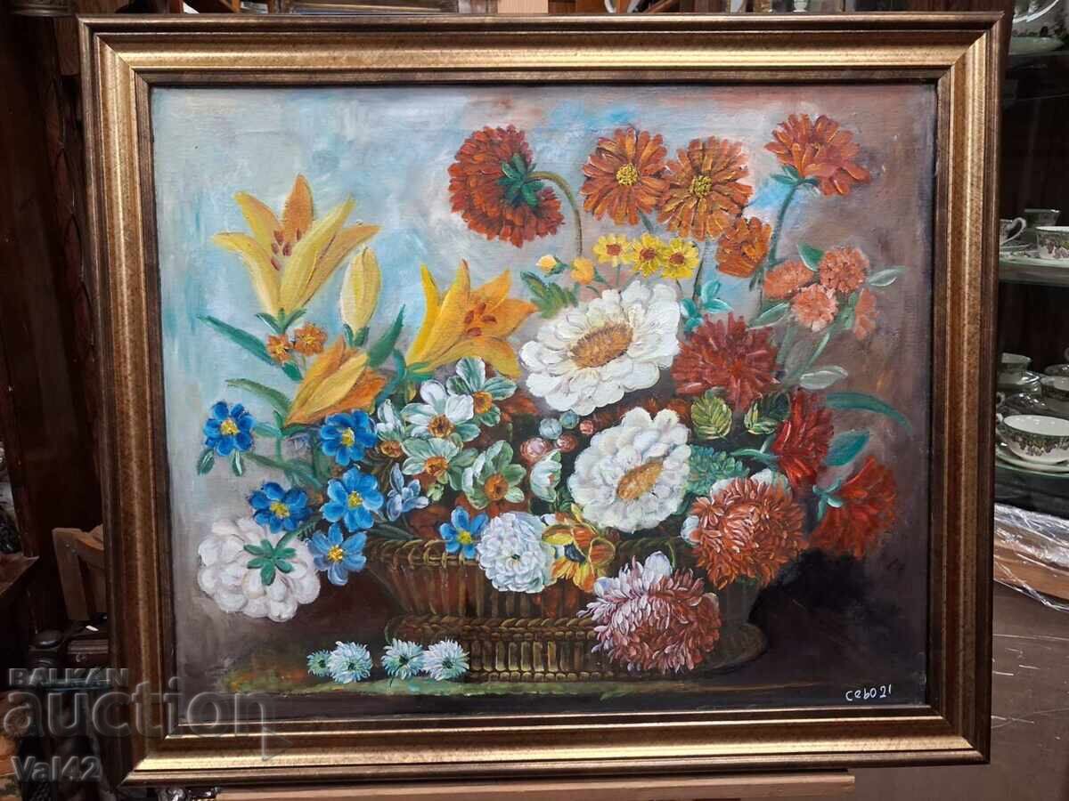 Painting "Colorful composition with flowers", oil paints on canvas