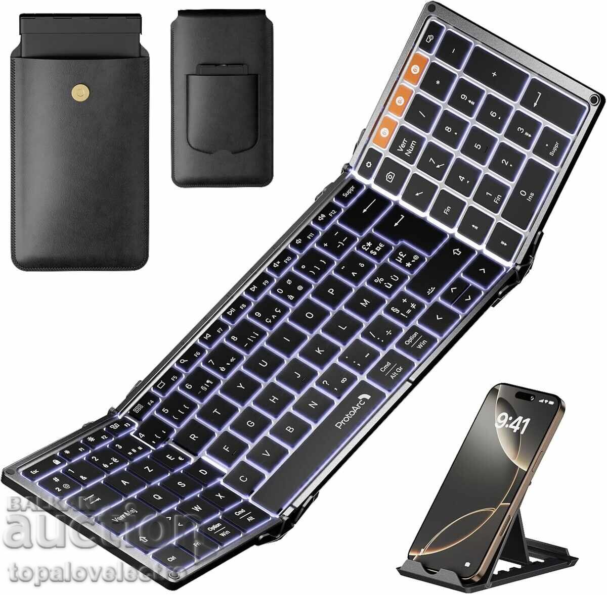 ΝΕΟ! Αναδιπλούμενο ασύρματο πληκτρολόγιο Bluetooth AZERTY, με οπίσθιο φωτισμό