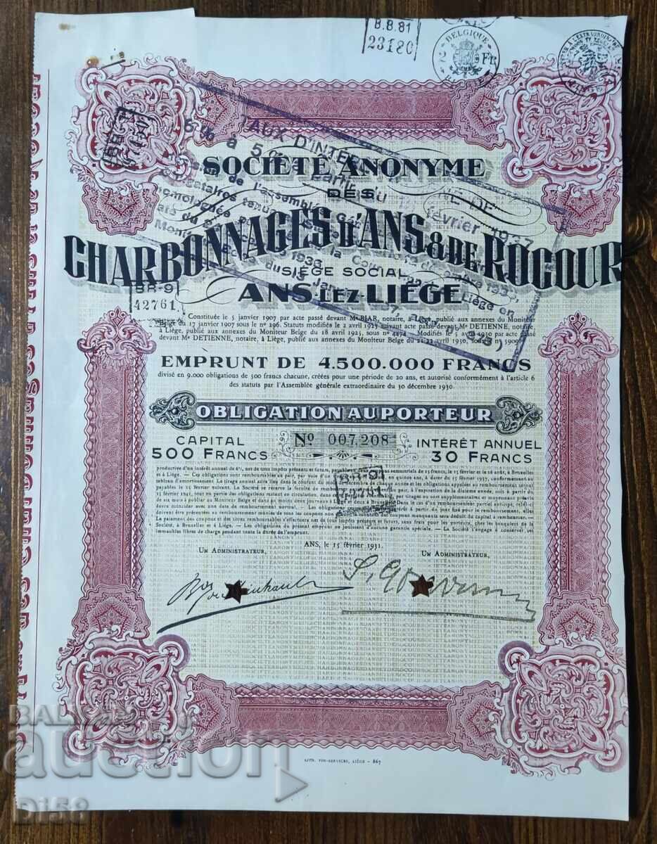 Belgium Coal Mining Company Bond 1931 Belgium Coal Mining Company Bond 1931