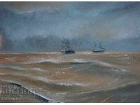 Маслена картина- Маринизъм -Морски пейзаж -Кораби в морето