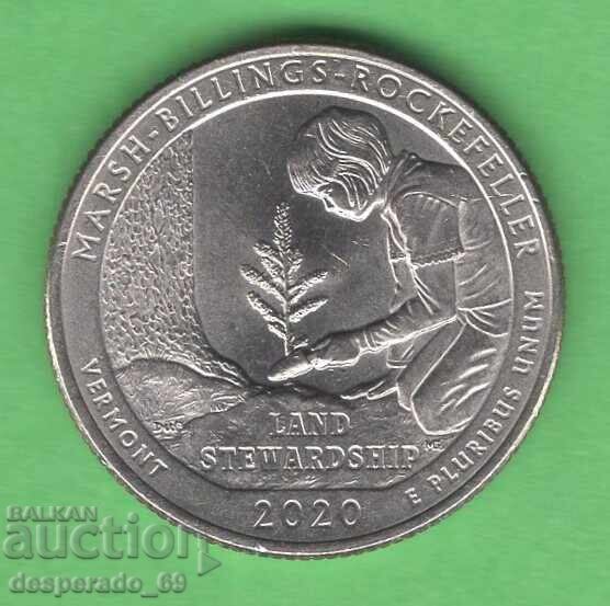 (¯`'•.¸ 25 de cenți 2020 P SUA (Marsh Billings Rockefe) UNC-