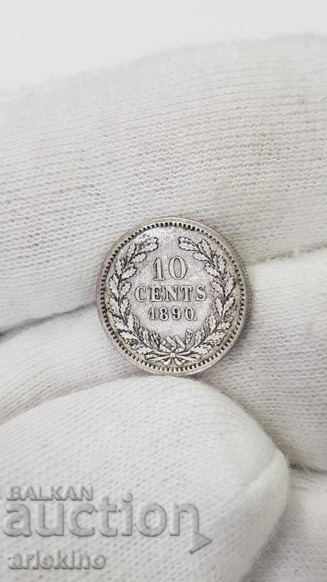 Monedă rară de argint 10 Cents 1890 NIDERLANDS Monedă rară de argint 10 Cents 1890 NIDERLANDS