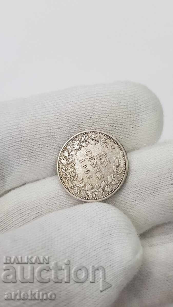 Rare Silver Coin 25 Cents 1902 NETHERLANDS with price € 23.00 | 44.98 BGN