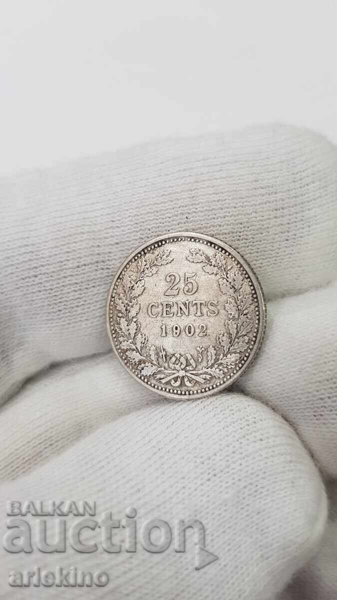 Auction  Rare Silver Coin 25 Cents 1902 NETHERLANDS