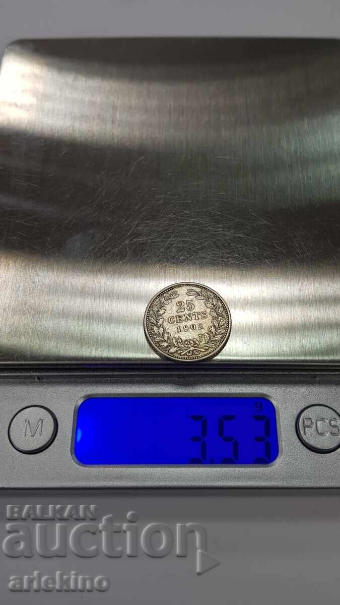 Rare Silver Coin 25 Cents 1902 NETHERLANDS - 7