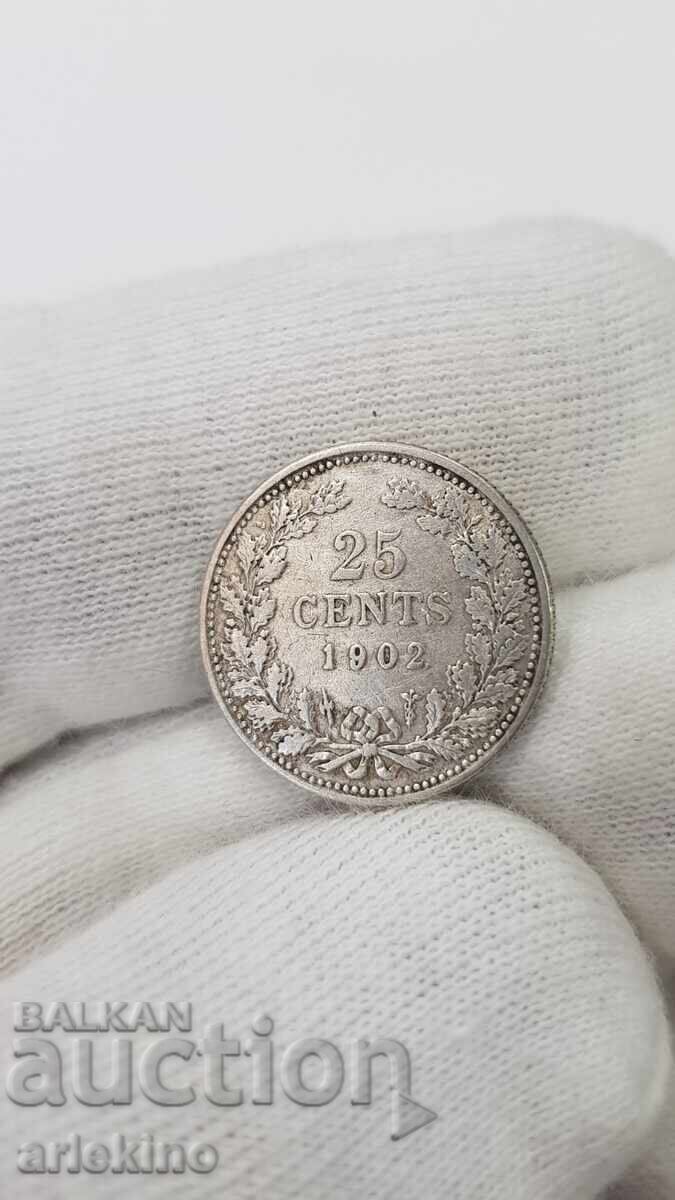 Rare Silver Coin 25 Cents 1902 NETHERLANDS