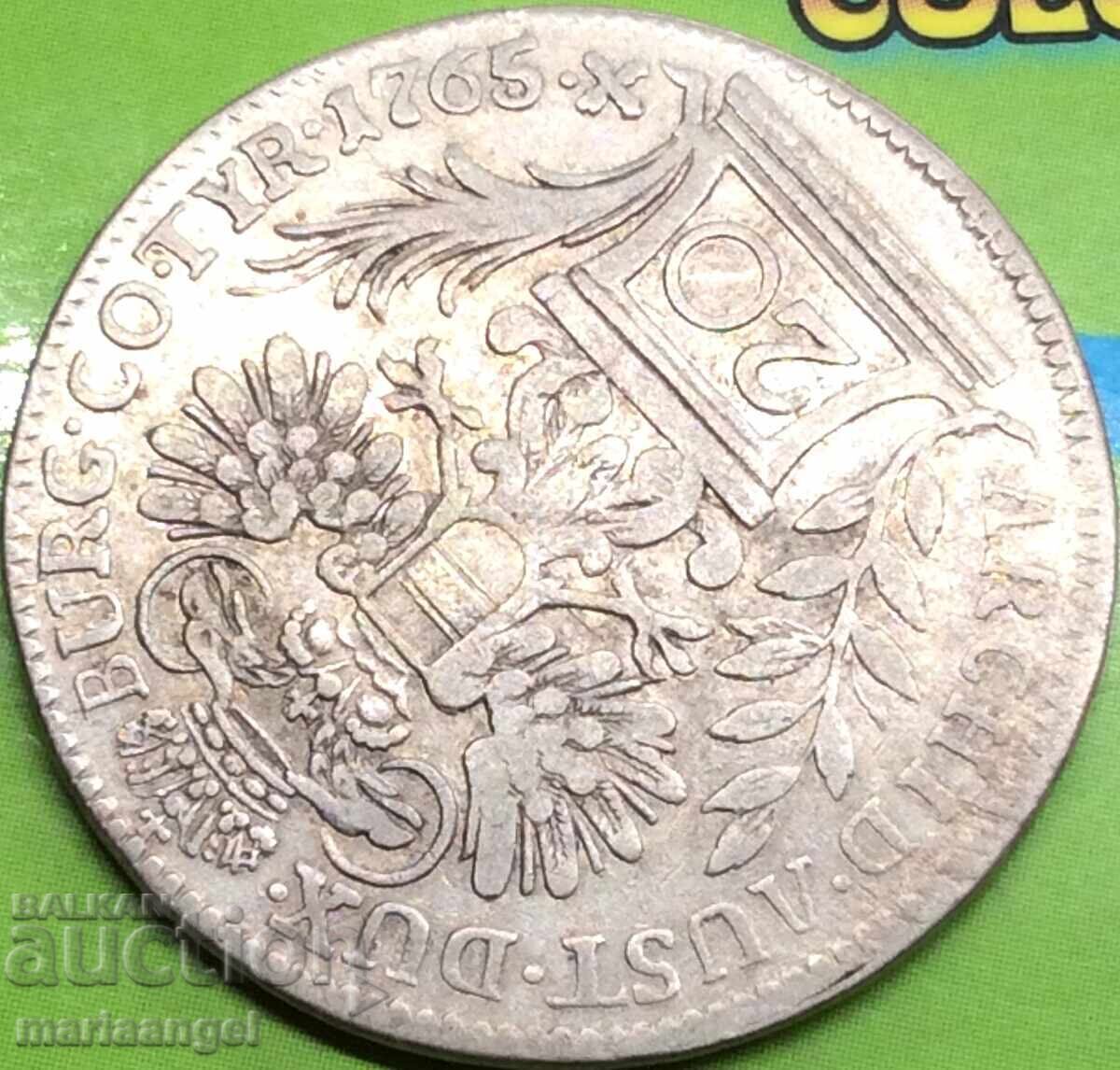 Livrarea 20 kreutzers 1765 Austria Maria Theresia argint