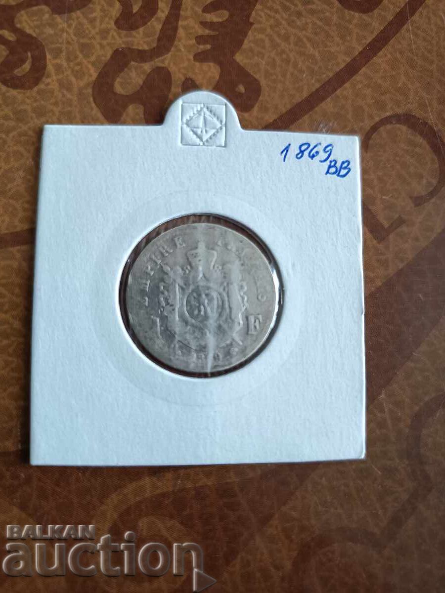 Franța monedă de argint 1 franc 1869 BB