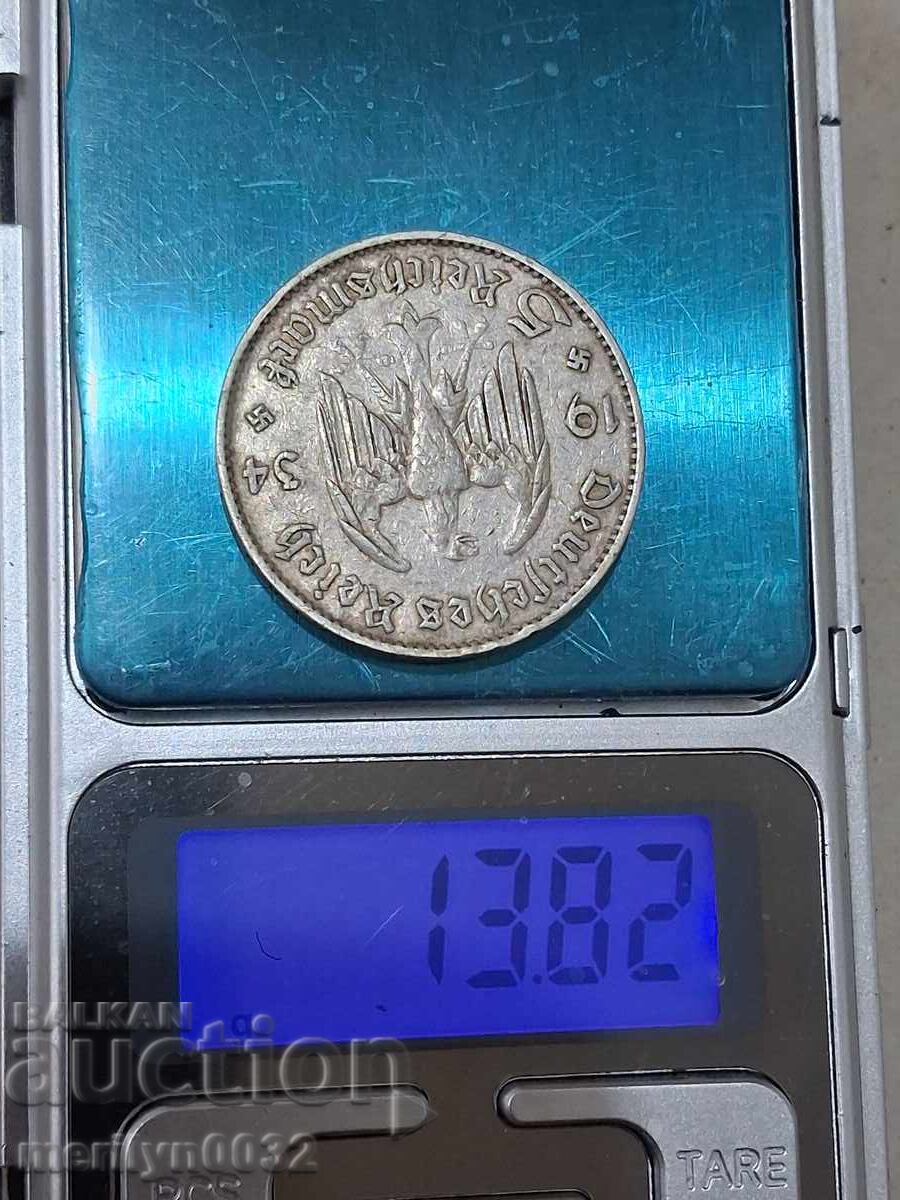 Монета 5 марки 1934 Германия Трети райх  сребро - 5