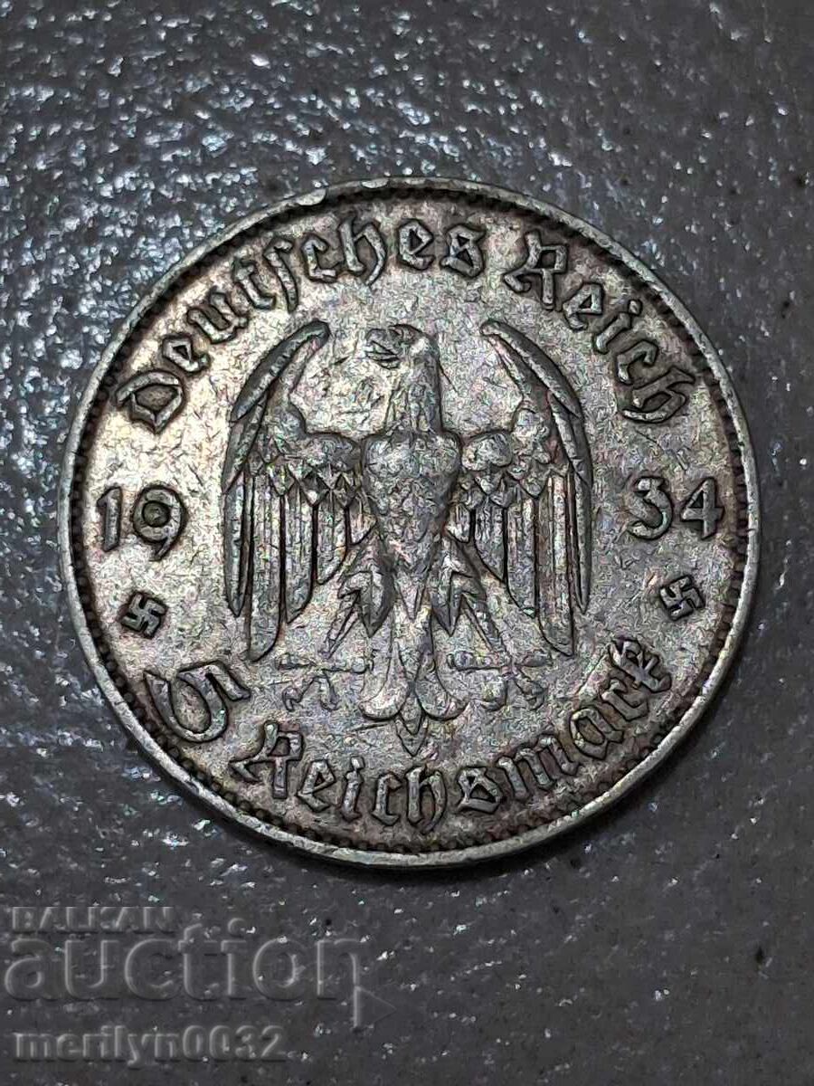 Монета 5 марки 1934 Германия Трети райх  сребро