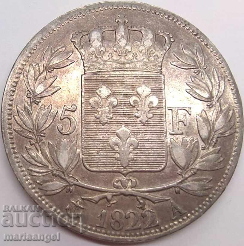 Franța 5 franci 1822 A - Paris probă 900 24.82g argint