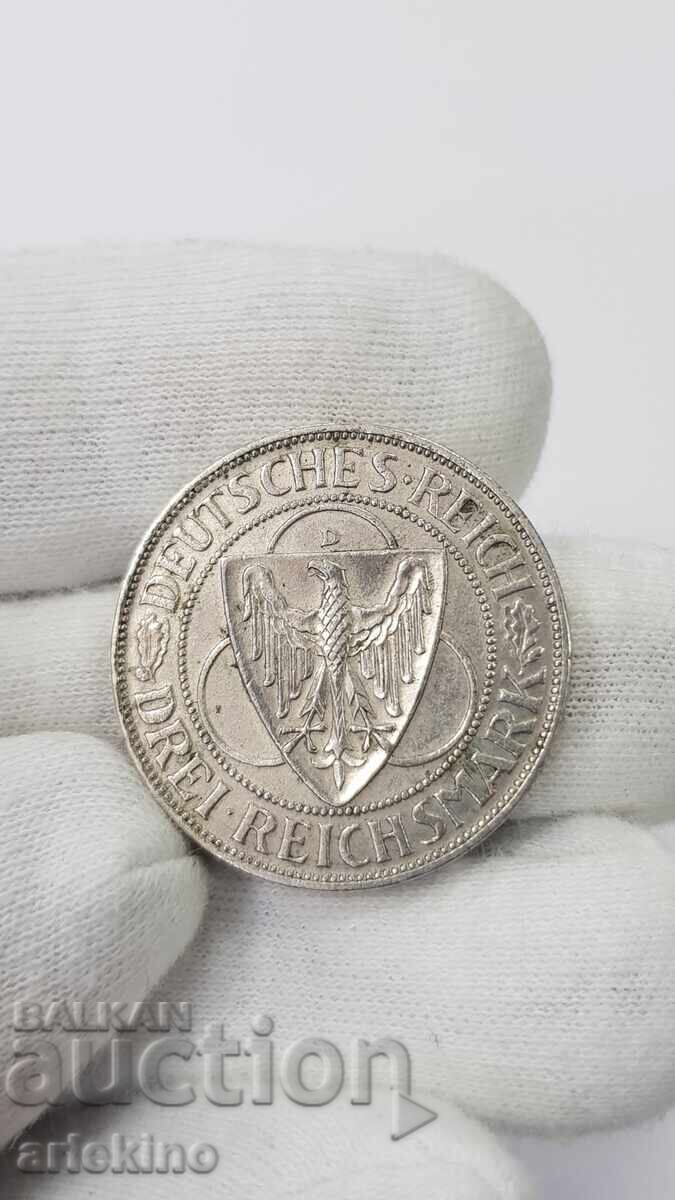 Monedă rară de argint 3 mărci 1930 D Germania - 6 Monedă rară de argint 3 mărci 1930 D Germania - 6