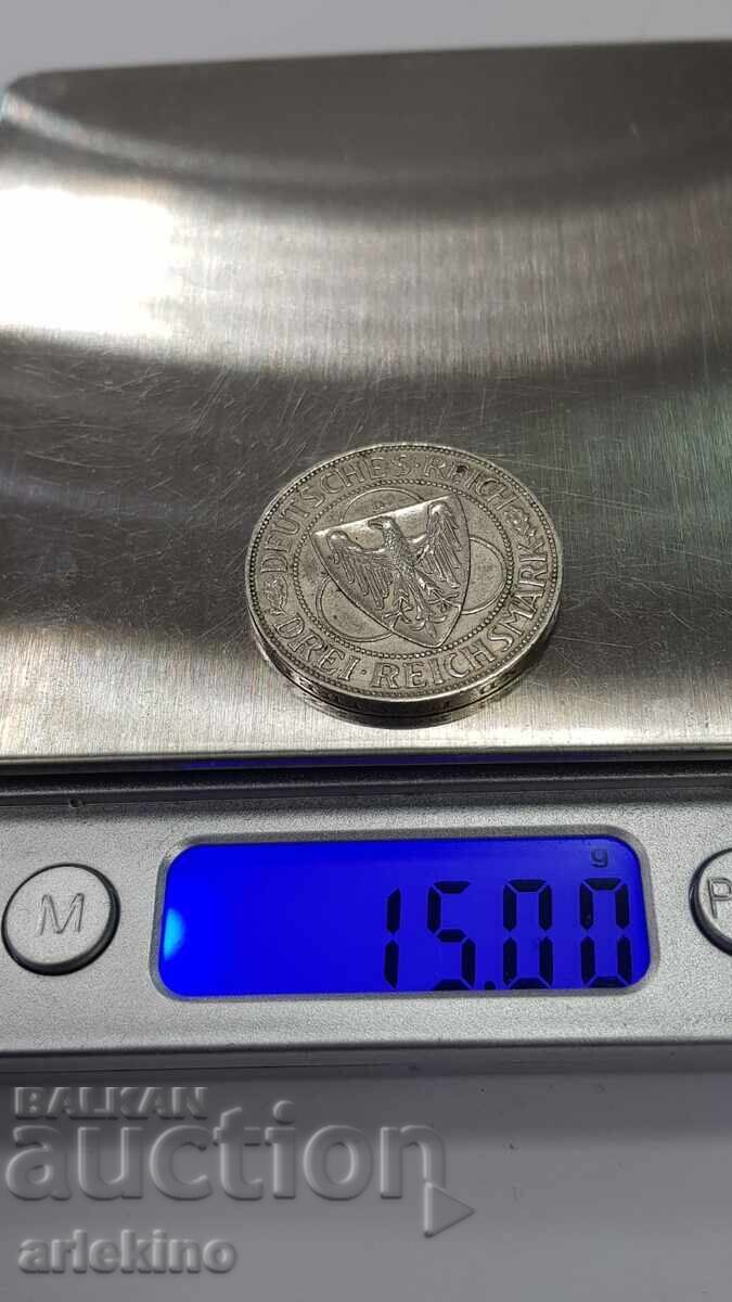 Monedă rară de argint 3 mărci 1930 D Germania - 7 Monedă rară de argint 3 mărci 1930 D Germania - 7