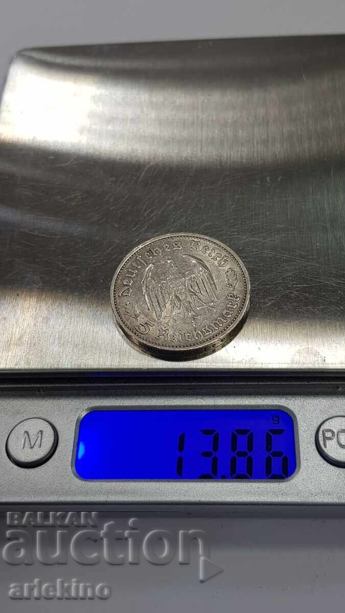 Σπάνιο ασημένιο νόμισμα 5 μάρκων 1934 F Γερμανία - Σίλερ - 7