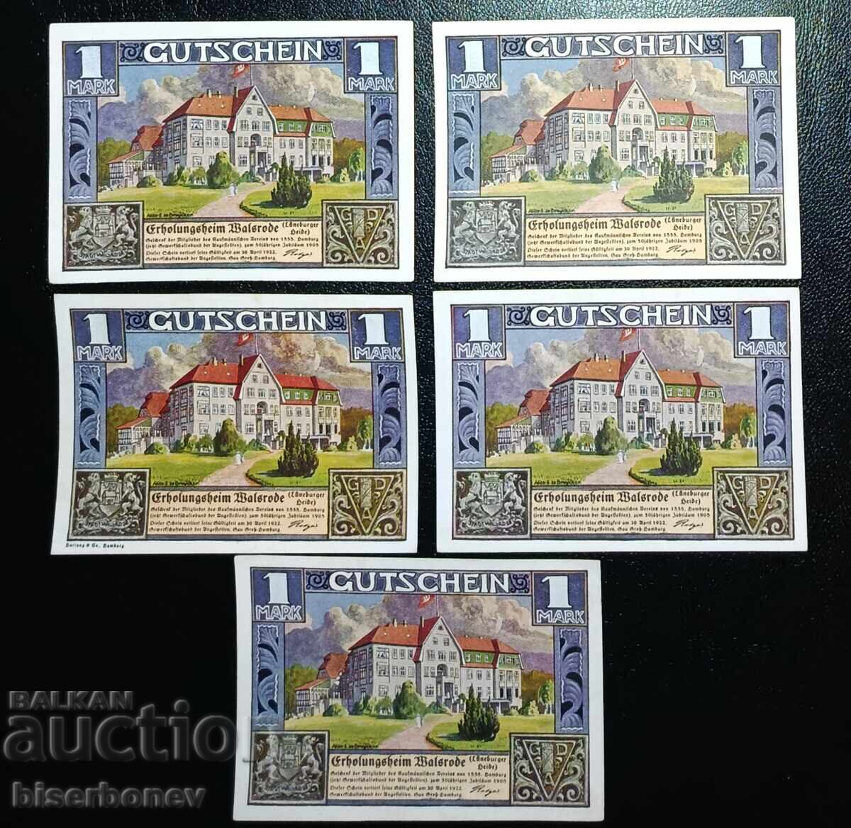 Germany, Germany, 5 x 1 Mark, Walsrode, 1920-1921, UNC with price € 27.00 | 52.81 BGN Germany, Germany, 5 x 1 Mark, Walsrode, 1920-1921, UNC with price € 27.00 | 52.81 BGN