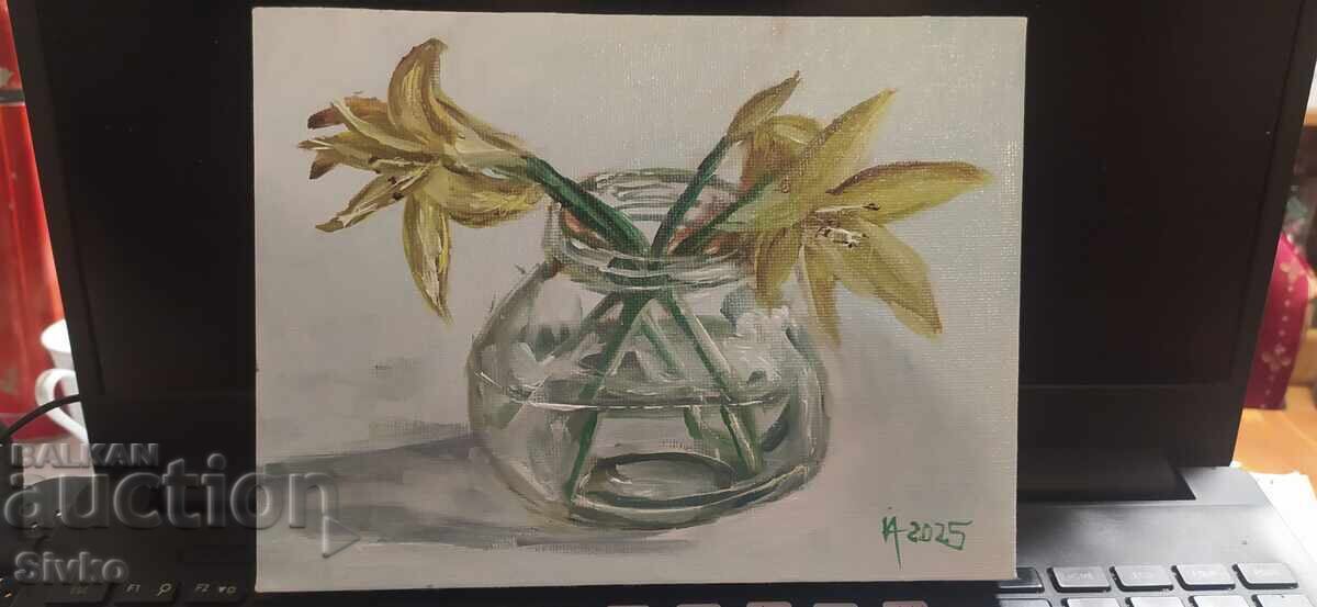 Картина, ваза с цветя, масло, платно, подпис Антон Йорданов