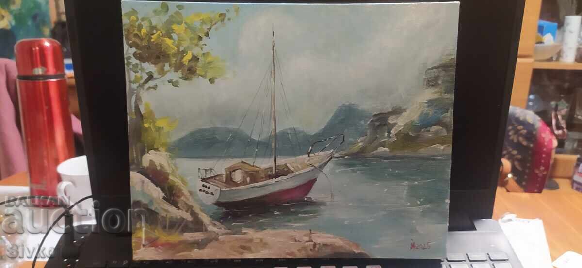 Tablou, ulei, pânză, barcă, semnat Anton Iordanov